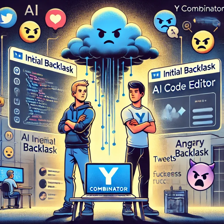 DALL·E 2024 12 21 04.03.37 An illustration showing two young tech startup founders standing confidently in front of a Y Combinator sign holding a laptop with an AI code editor