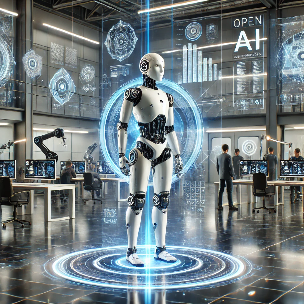 DALL·E 2024 12 25 00.04.04 A cutting edge humanoid robot in a futuristic laboratory showcasing sleek and advanced design with subtle hints of OpenAI branding. The robot is surr